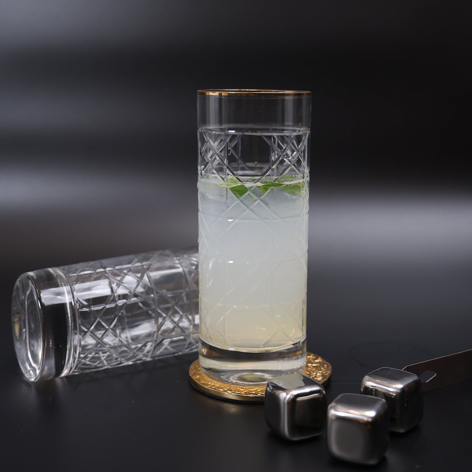 Crystal Handmade Diamond Cut Glass with Gold Rim - Set of 2