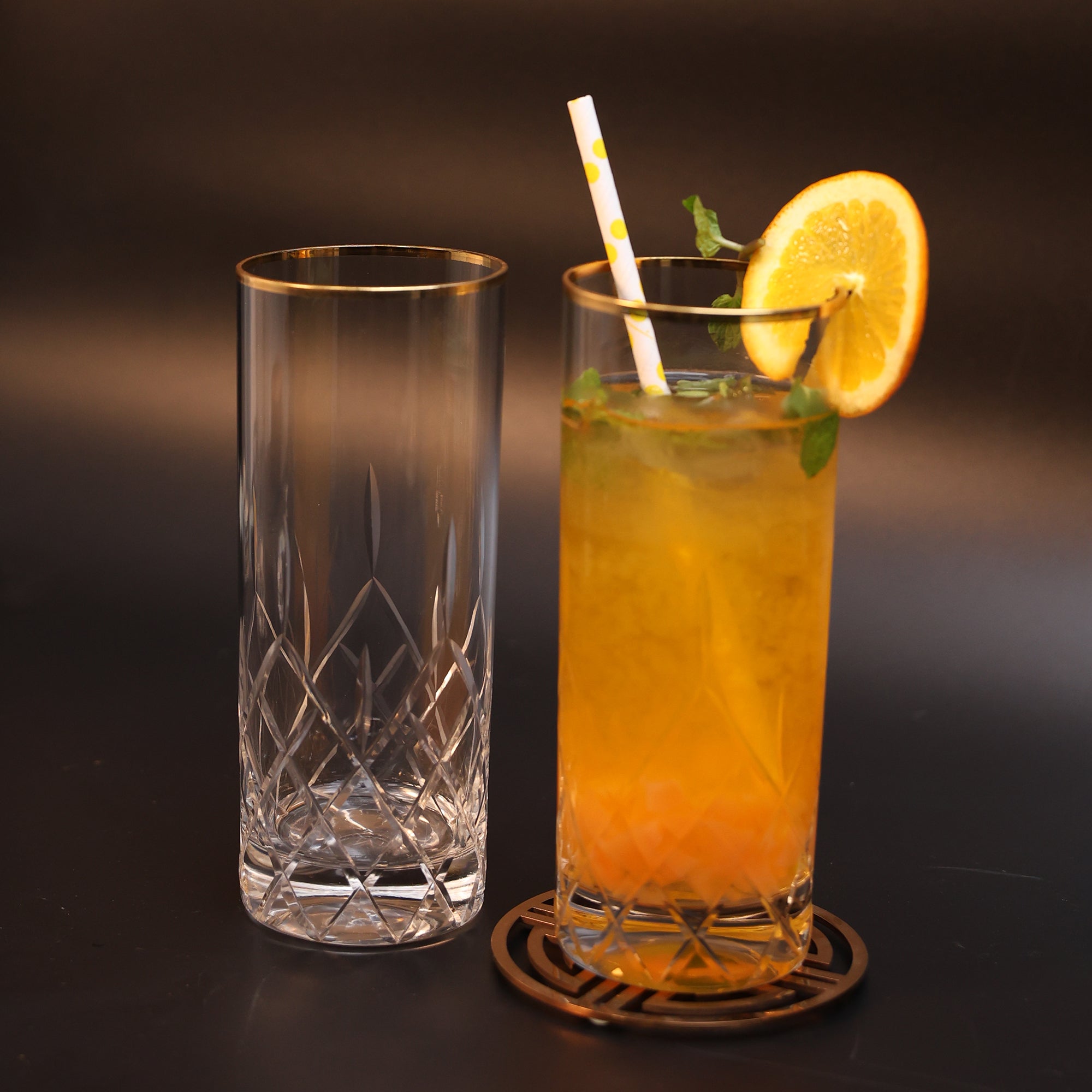 Diamond Cut Glass with Gold Rim - Set of 2