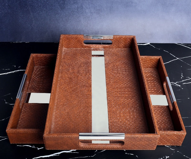 BROWN LEATHER SERVING TRAY - SET OF 2