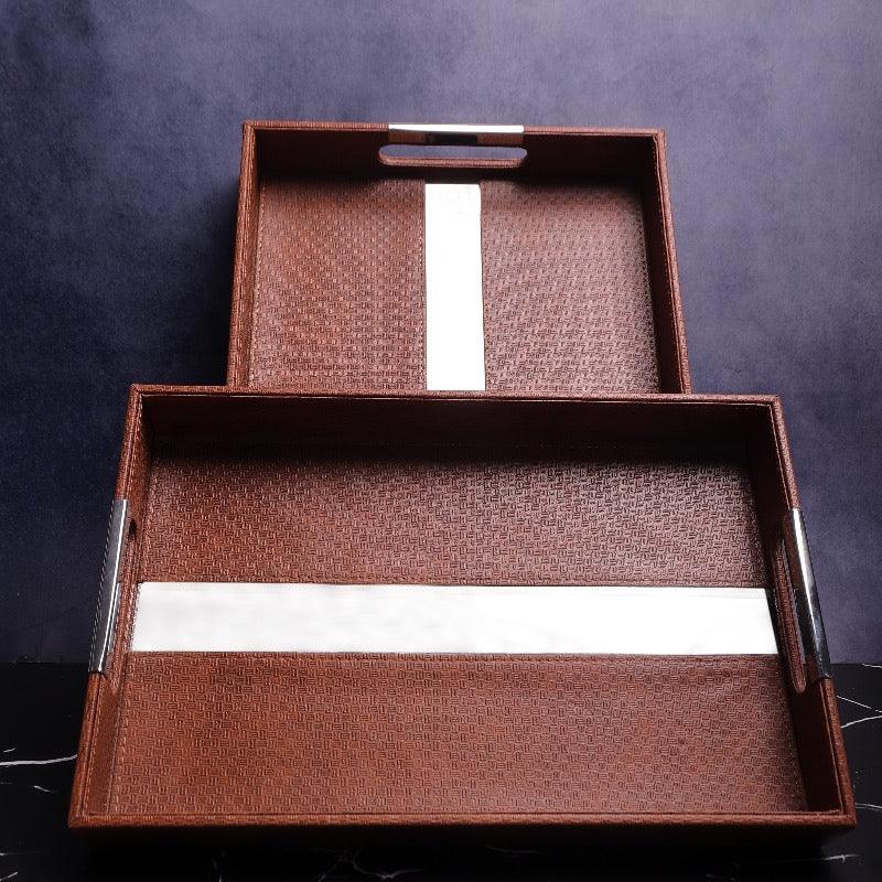 BROWN LEATHER SERVING TRAY - SET OF 2