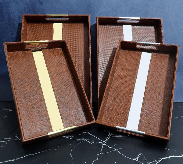 BROWN LEATHER SERVING TRAY - SET OF 2