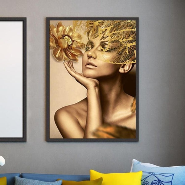 GOLD FLOWER MODERN LADY WALL PAINTING