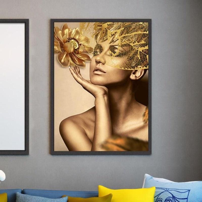 GOLD FLOWER MODERN LADY WALL PAINTING
