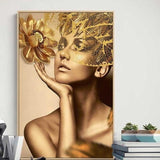 GOLD FLOWER MODERN LADY WALL PAINTING