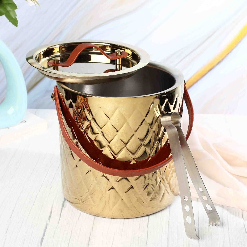 LEATHER HANDLE ICE BUCKET WITH TONG - Smokey Cocktail