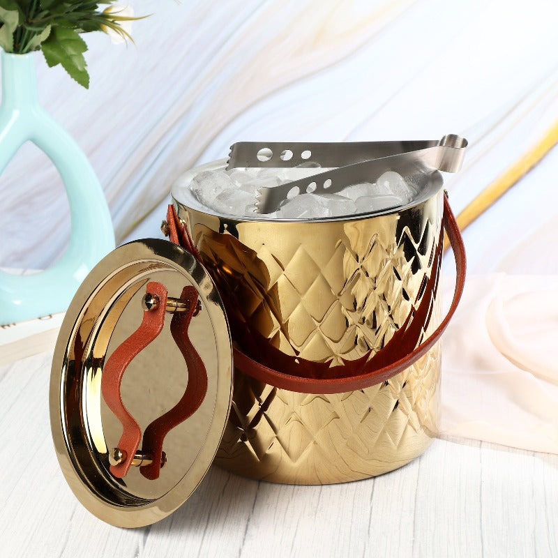 LEATHER HANDLE ICE BUCKET WITH TONG - Smokey Cocktail