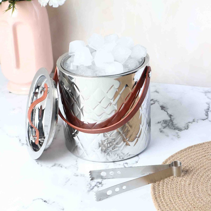 LEATHER HANDLE ICE BUCKET WITH TONG - Smokey Cocktail
