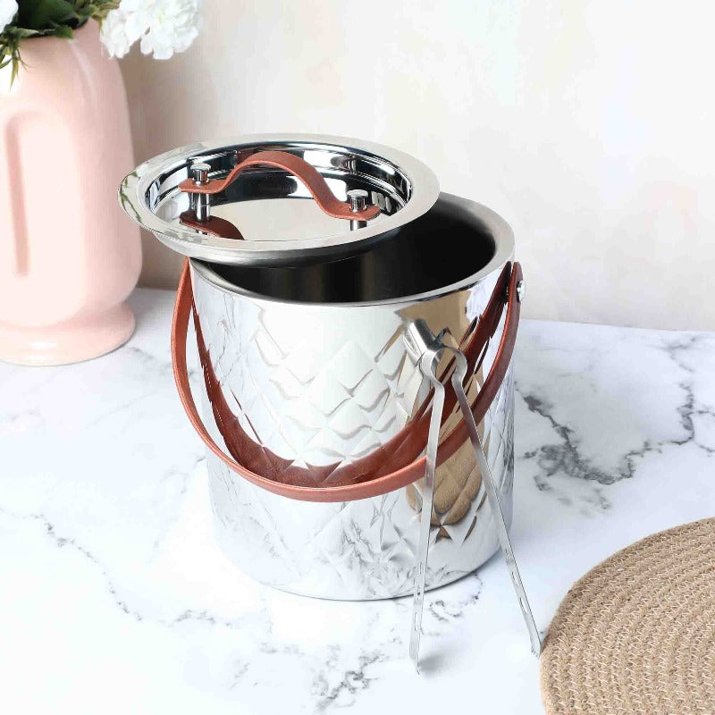 LEATHER HANDLE ICE BUCKET WITH TONG - Smokey Cocktail