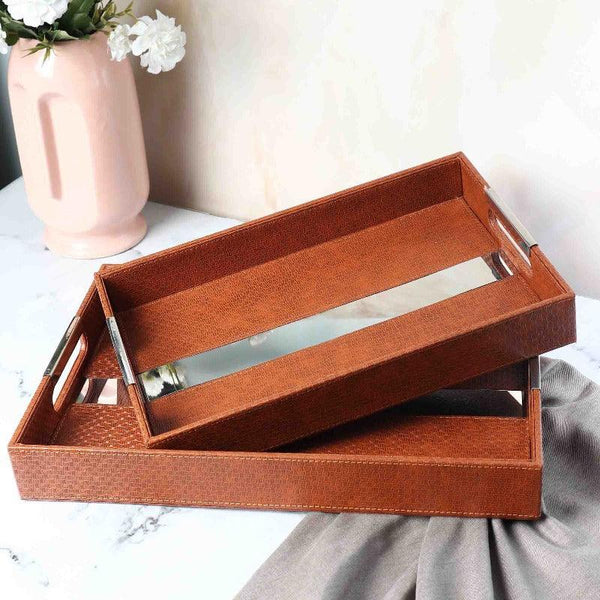 BROWN LEATHER SERVING TRAY - SET OF 2