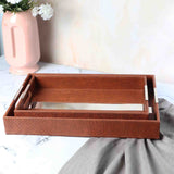 BROWN LEATHER SERVING TRAY - SET OF 2