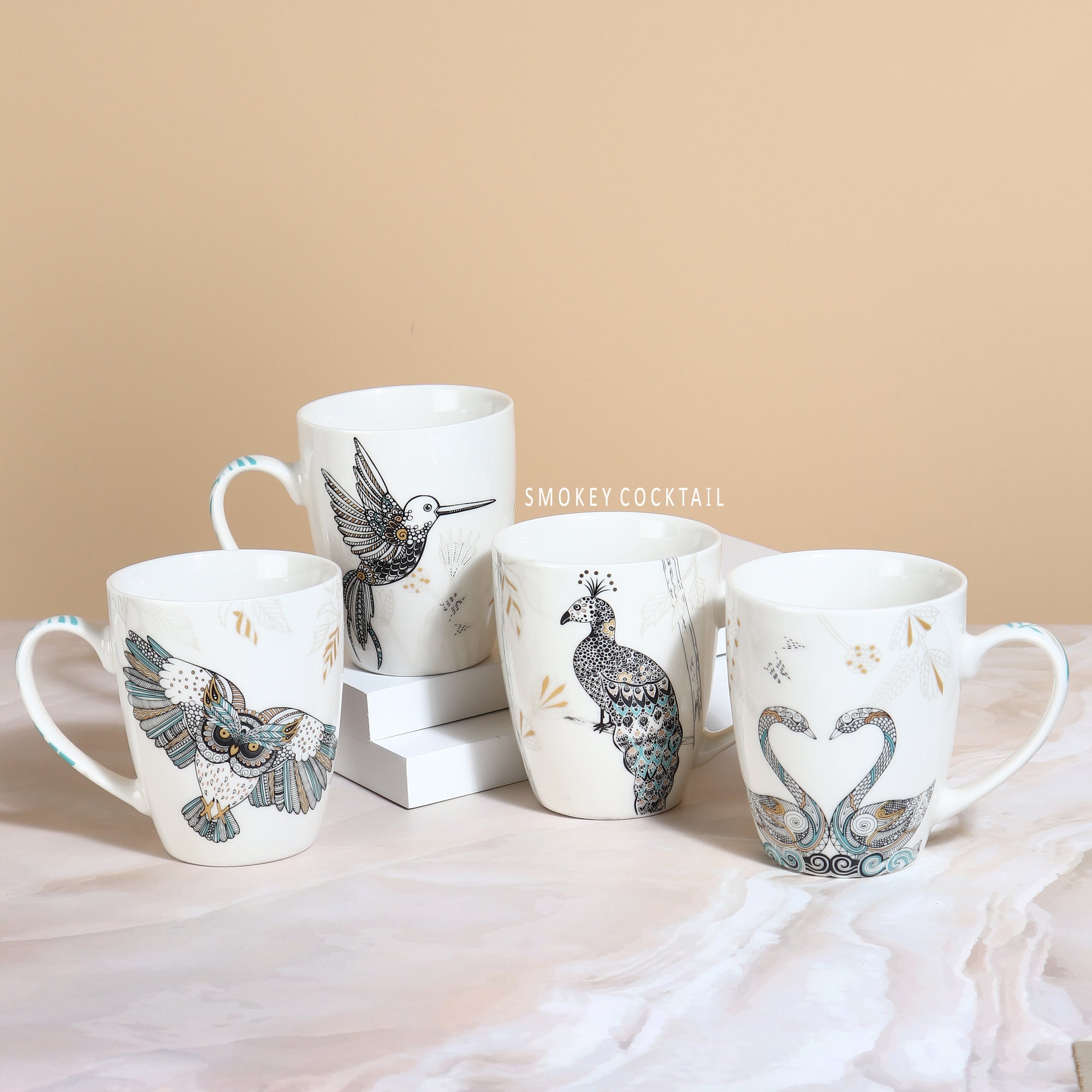 Charming Bird Print Mugs - Set Of 4