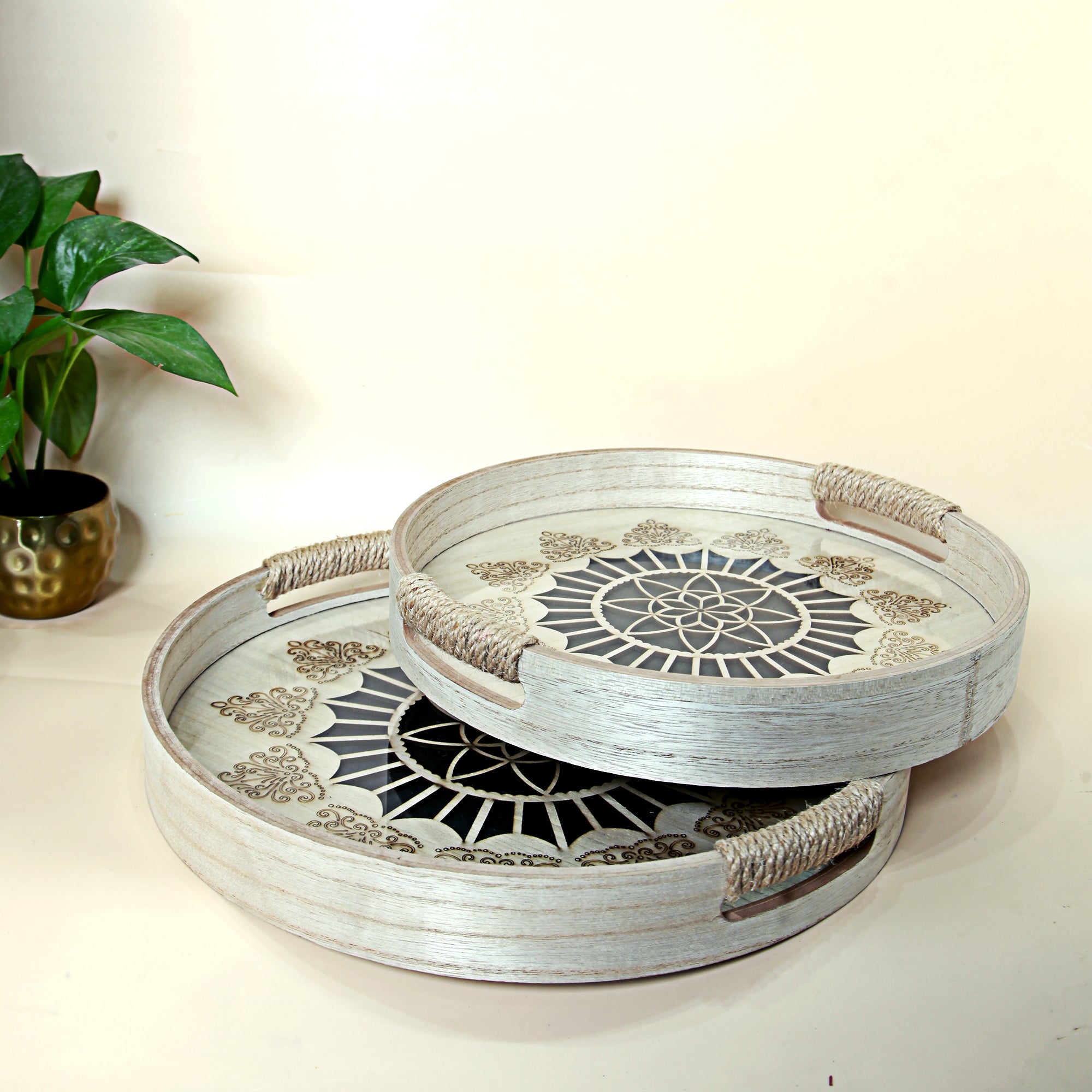 Wooden Decorative Serving Trays - Set Of 2