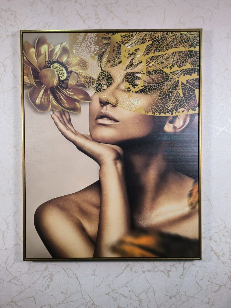 GOLD FLOWER MODERN LADY WALL PAINTING