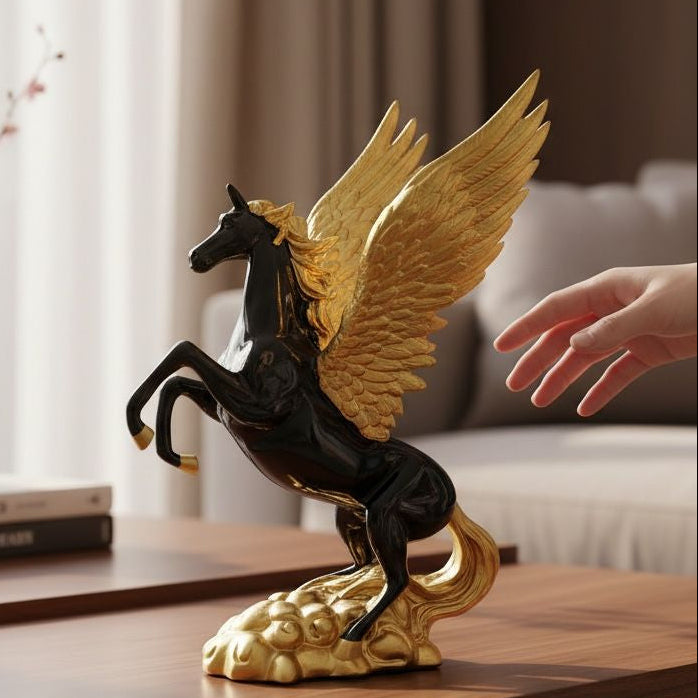 Heavenly White Horse Golden Wings Decor