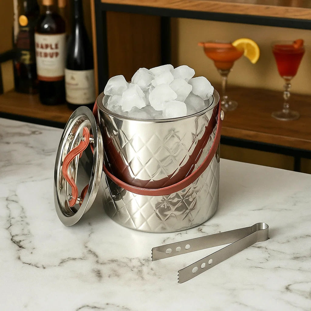 LEATHER HANDLE ICE BUCKET WITH TONG