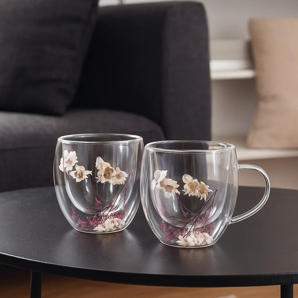 White Floral Double wall Mug - Set Of 2