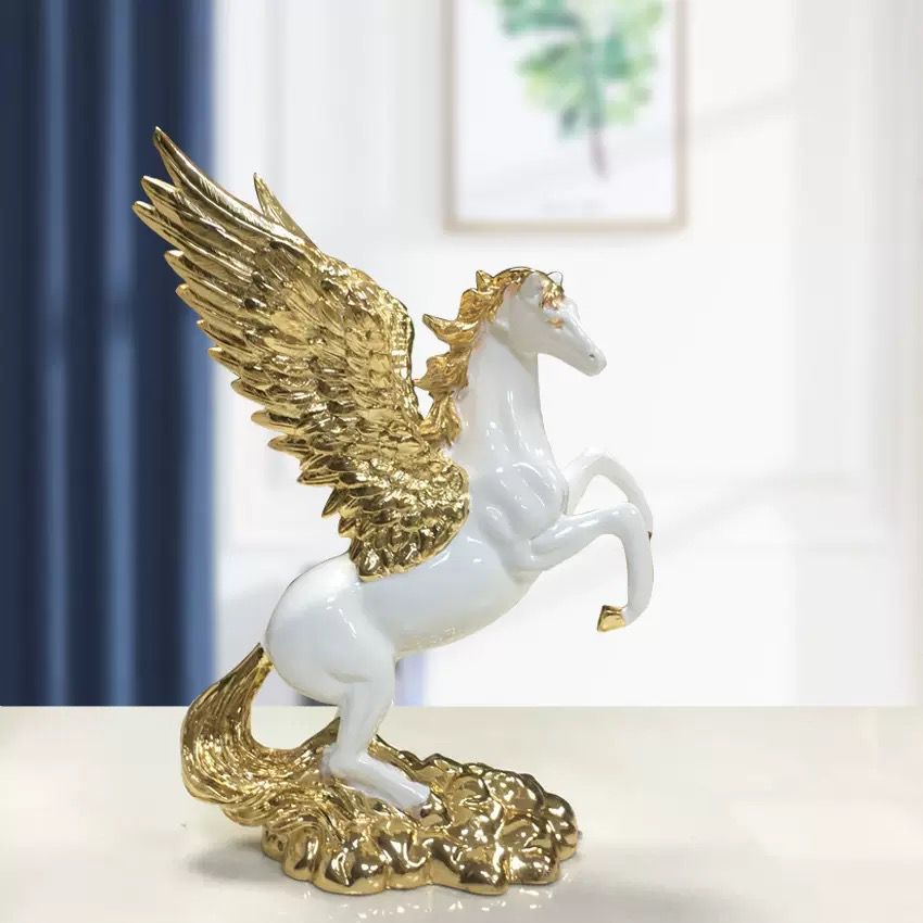 Heavenly White Horse Golden Wings Decor
