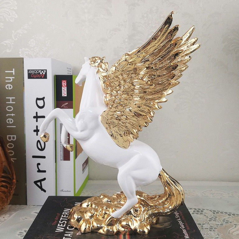 Heavenly White Horse Golden Wings Decor