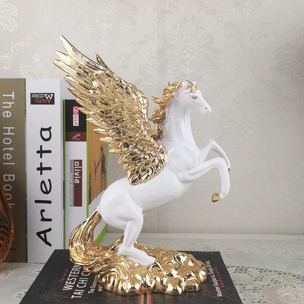Heavenly White Horse Golden Wings Decor