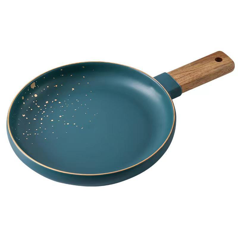 PAN for food | ROUND CERAMIC PAN WITH WOODEN HANDLE