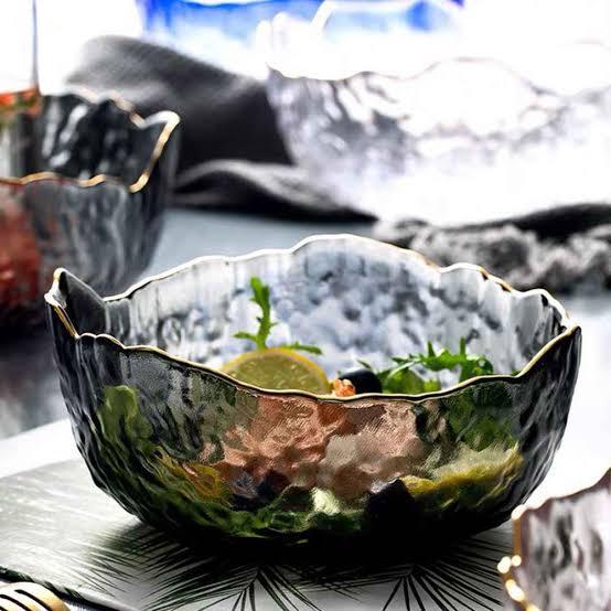 glass bowl set | IRREGULAR BLACK GLASS BOWL WITH GOLD RIM - SET OF 2