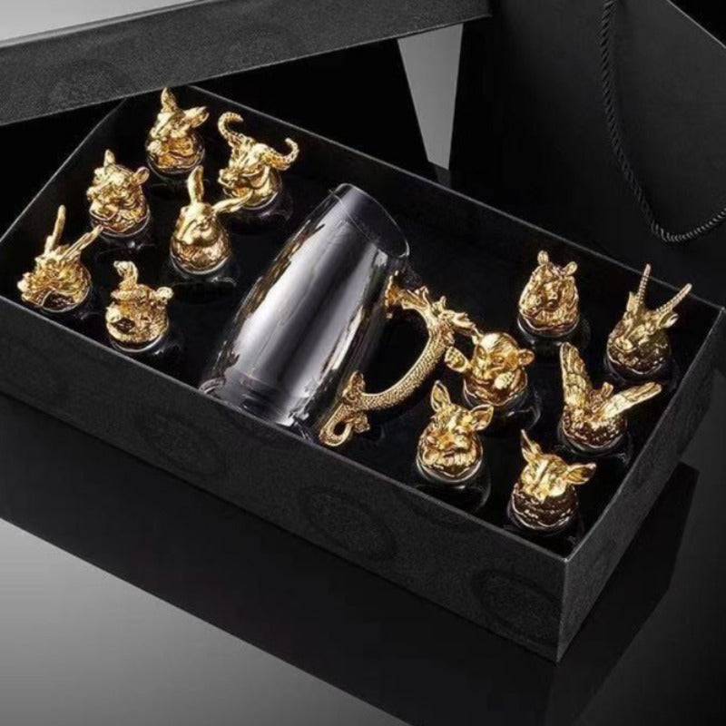 Zodiac head shot glass | ZODIAC SHOT GLASSES WITH GLASS JUG - GOLD COLOR